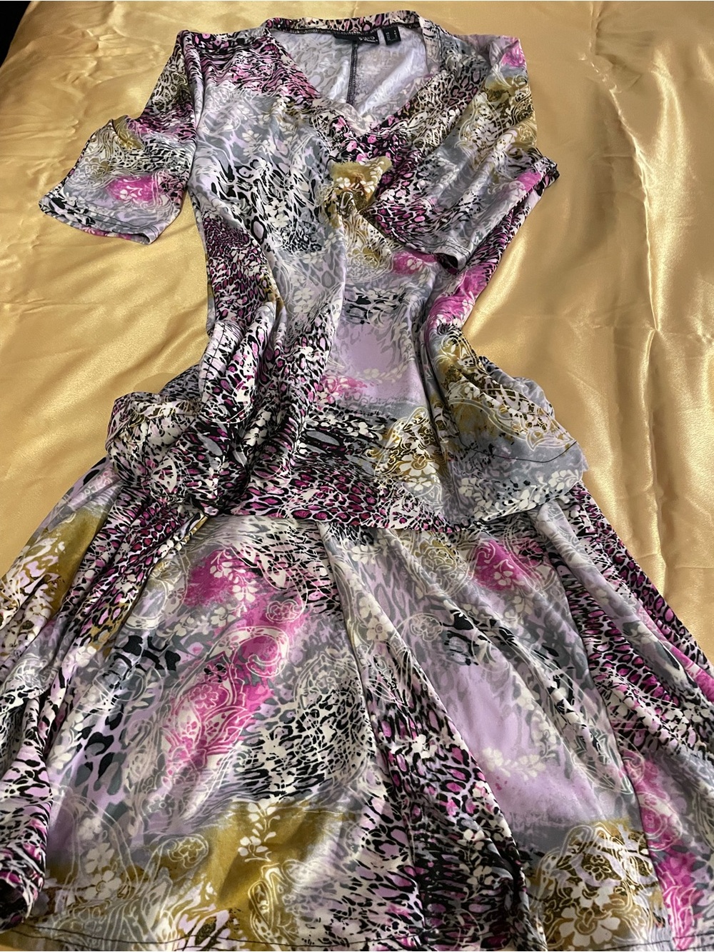 Attitudes by Renee Pink Gold Black Short Sleeve Animal Print Satin Dress Small